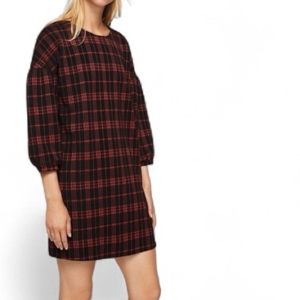 MANGO Women's XS Black & Red Plaid Dress with Balloon Sleeve